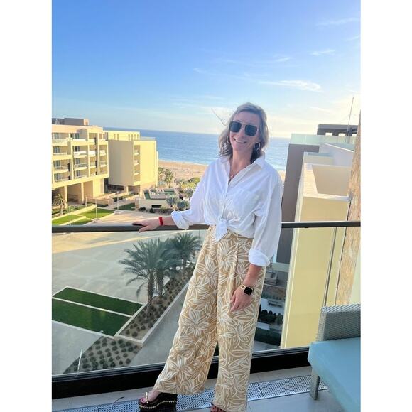 TOCCIN X RTR Brown Tan Floral Printed Wide-Leg Linen Blend Classic Trousers 6 - Picture 6 of 15